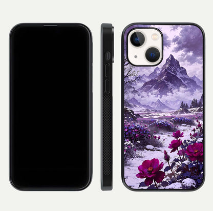 Flower Mountain View Glass Case for iPhone 14 dual-view layout displaying scenic tones and curved glass finish