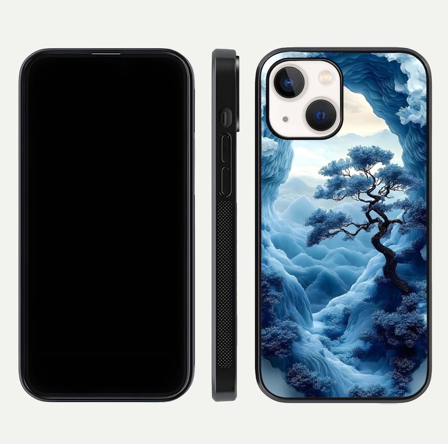 Frozen Serenity Gate Glass Case for iPhone 14 dual-view layout displaying winter theme and smooth curves
