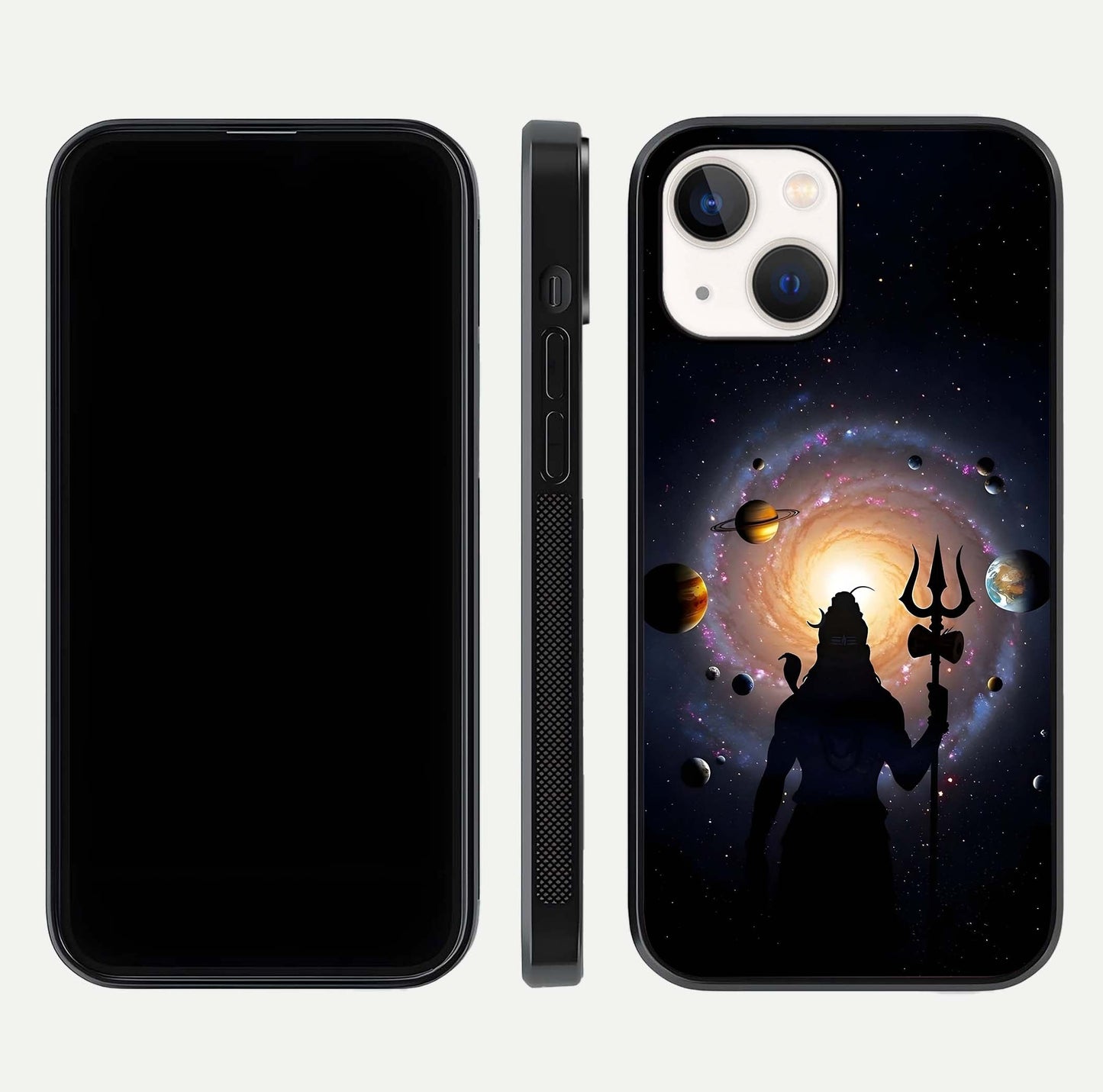 Galactic Shiva Vision Glass Case for iPhone 14 front and back view layout showing celestial background and polished curved glass