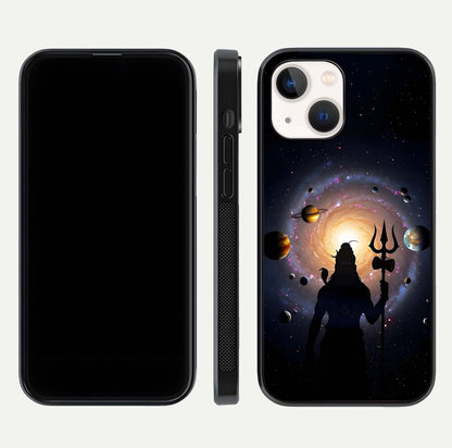 Galactic Shiva Vision Glass Case for iPhone 14 front and back view layout showing celestial background and polished curved glass