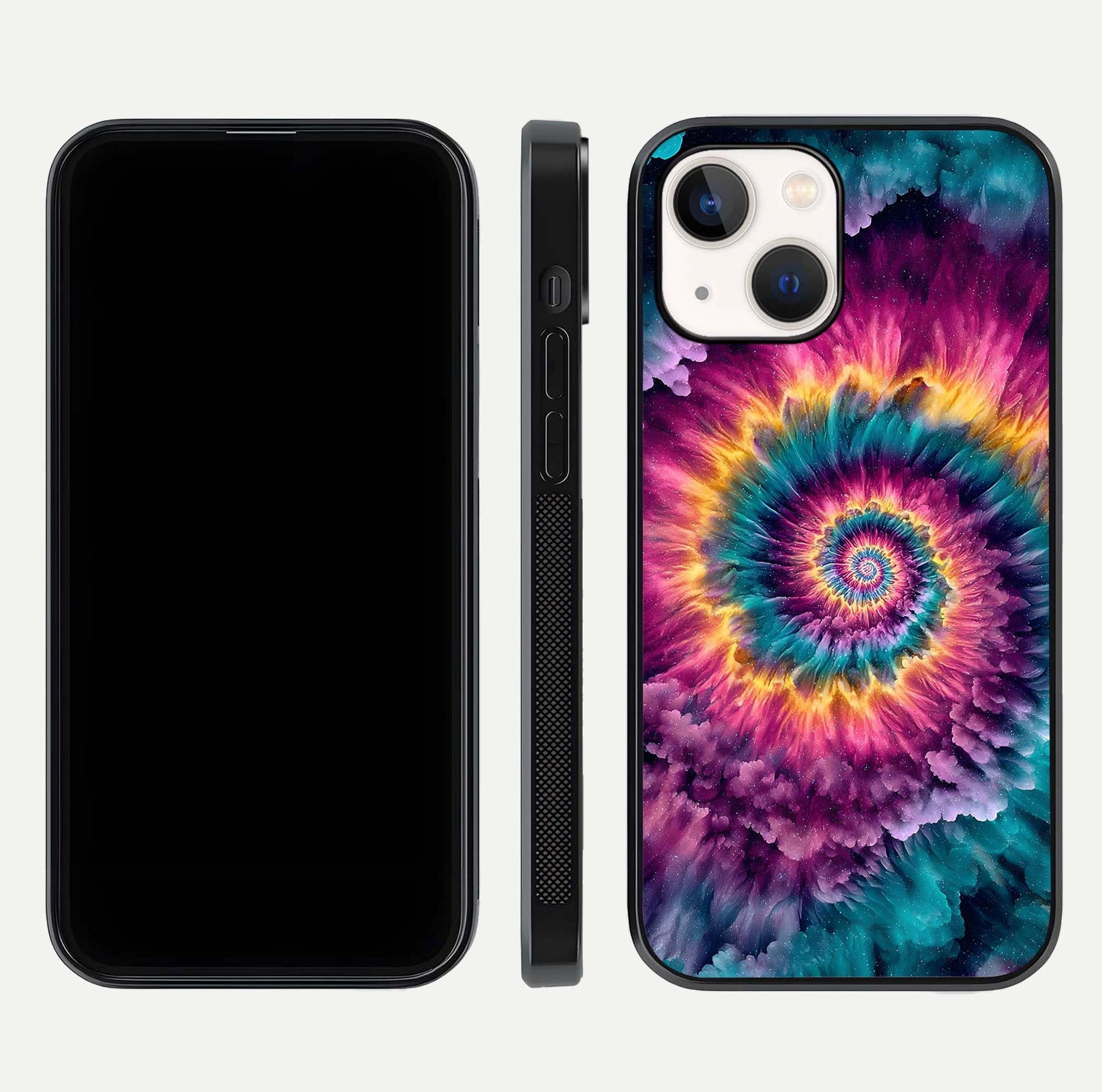 Galactic Spiral Burst Glass Case for iPhone 14 front and back view layout highlighting cosmic swirl and curved edges