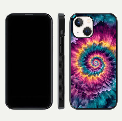 Galactic Spiral Burst Glass Case for iPhone 14 front and back view layout highlighting cosmic swirl and curved edges