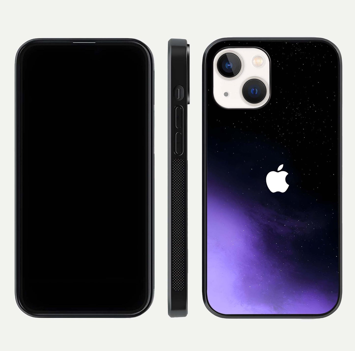 Galaxy Apple Aura Glass Case for iPhone 14 front and back view layout displaying cosmic tones and premium curved glass edges