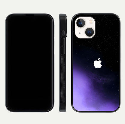 Galaxy Apple Aura Glass Case for iPhone 14 front and back view layout displaying cosmic tones and premium curved glass edges