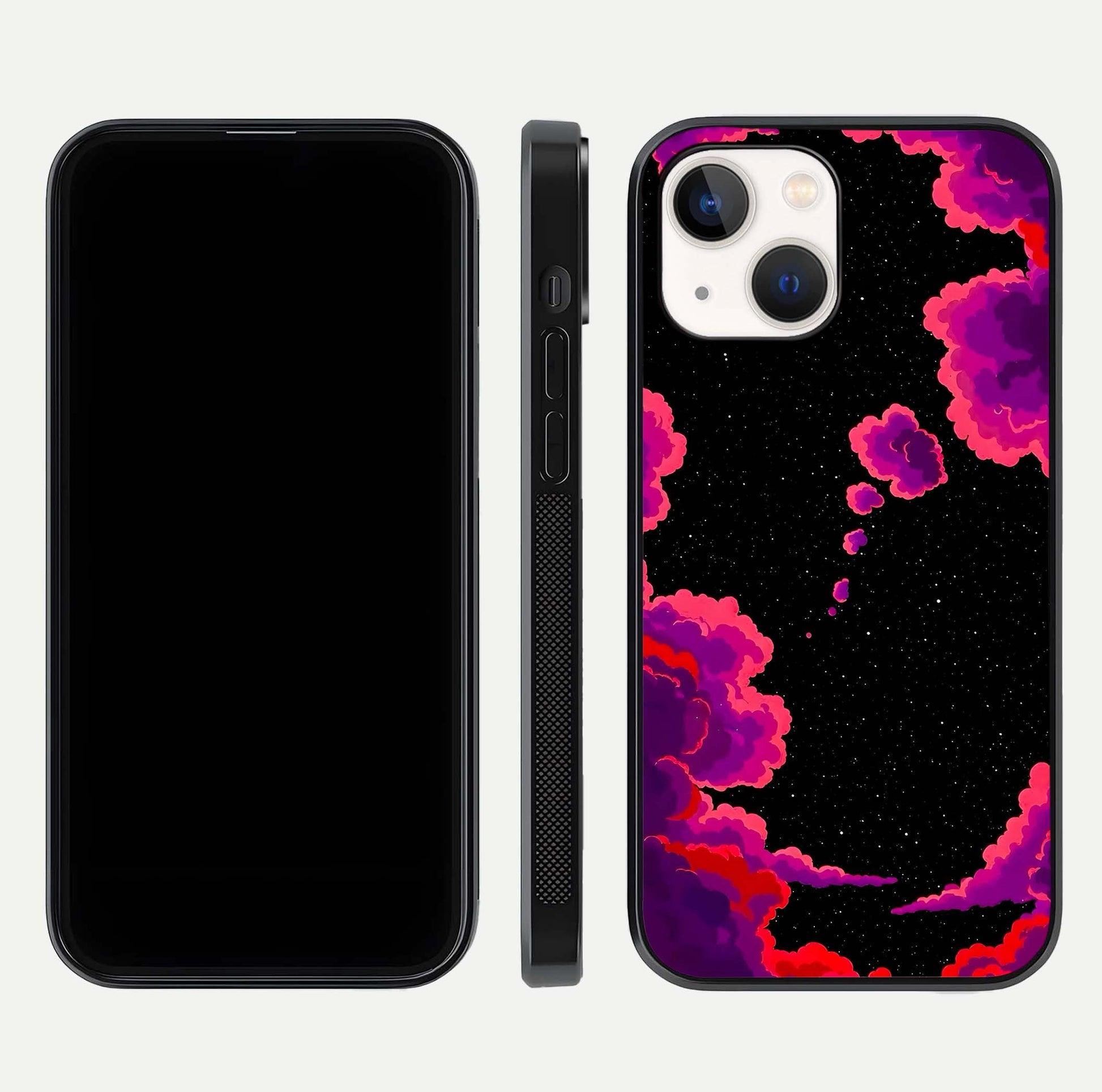 Galaxy Dream Frame Glass Case for iPhone 14 front and back view layout highlighting cosmic design and smooth glass curvature