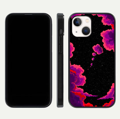 Galaxy Dream Frame Glass Case for iPhone 14 front and back view layout highlighting cosmic design and smooth glass curvature