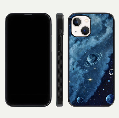 Galaxy Dream Space Glass Case for iPhone 14 front and back view layout showing deep-space tones and curved edges