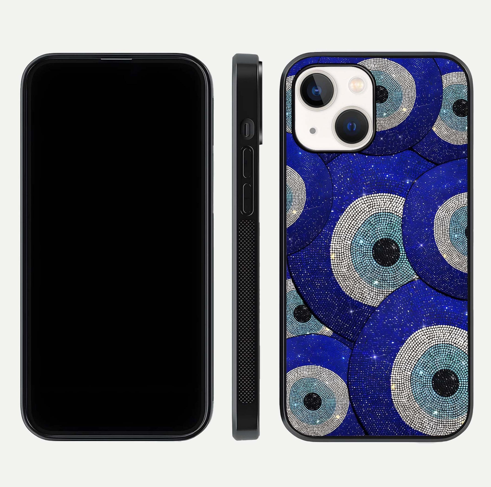 Galaxy Eye Flow Glass Case for iPhone 14 front and back view layout displaying cosmic art and curved glass borders
