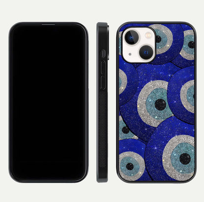 Galaxy Eye Flow Glass Case for iPhone 14 front and back view layout displaying cosmic art and curved glass borders