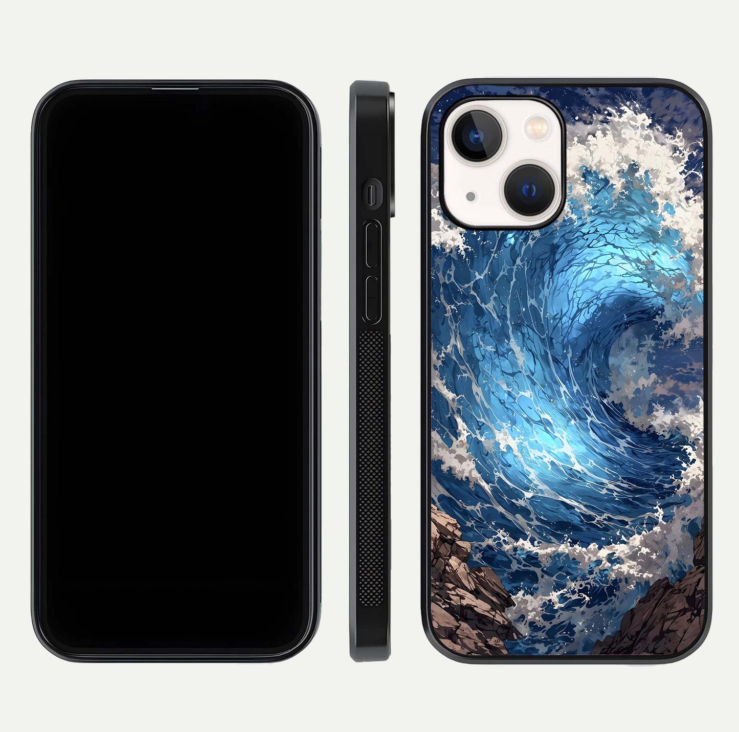 Giant Ocean Wave Glass Case for iPhone 14 front and back view layout displaying sea tones and smooth curved edges