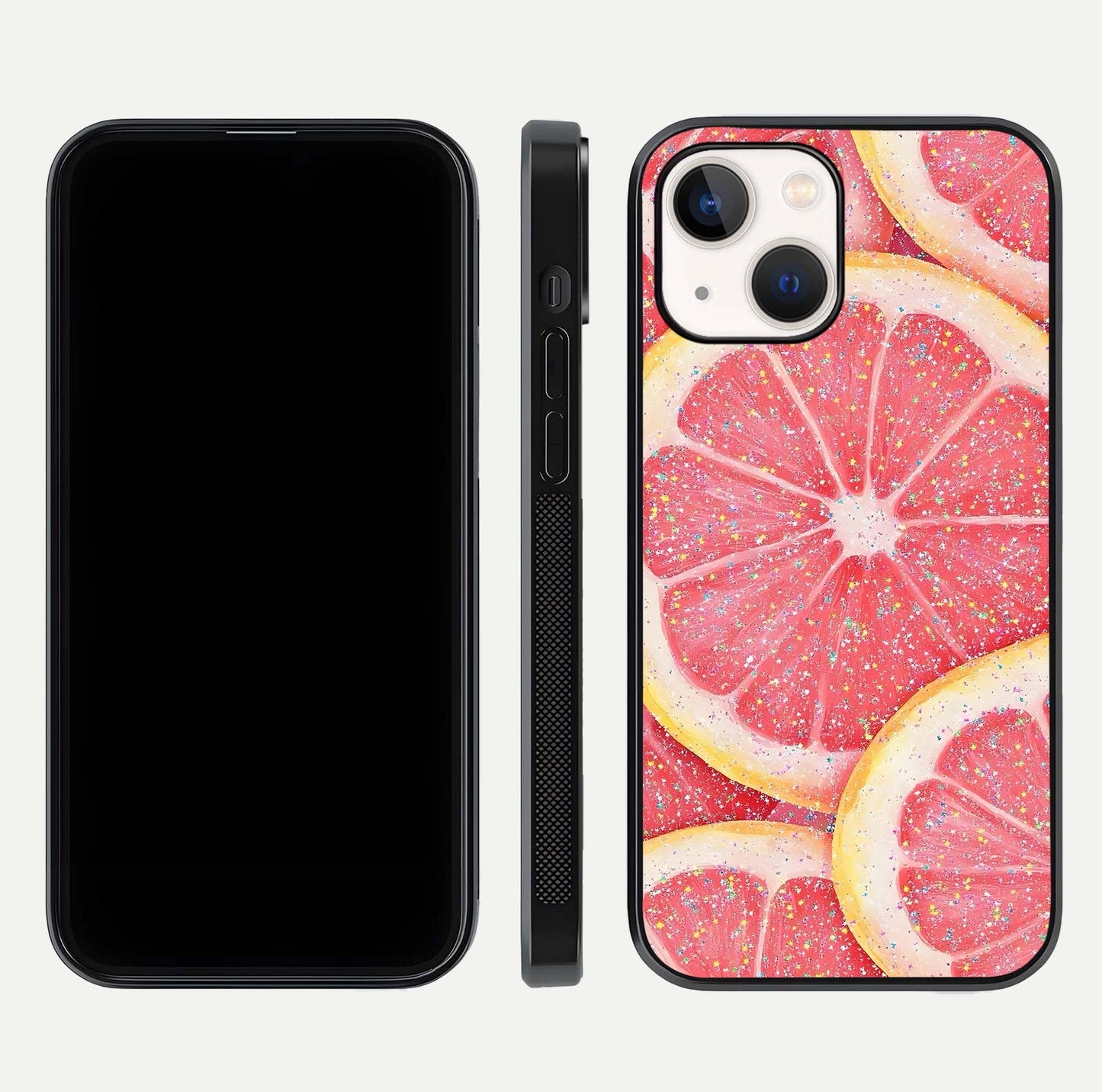 Glitter Grapefruit Glass Case for iPhone 14 front and back view layout highlighting citrus hues and smooth glass