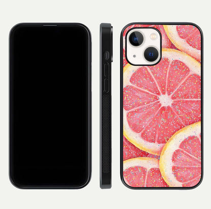 Glitter Grapefruit Glass Case for iPhone 14 front and back view layout highlighting citrus hues and smooth glass