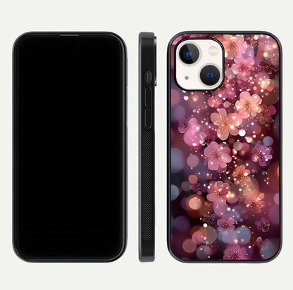 Glowing Petal Bliss Glass Case for iPhone 14 front and back view layout displaying artistic floral design and curved glass