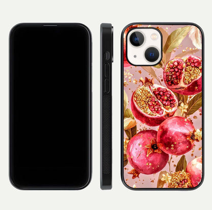 Golden Bloom Glow Glass Case for iPhone 14 front and back view layout highlighting luxury floral pattern and curved edges
