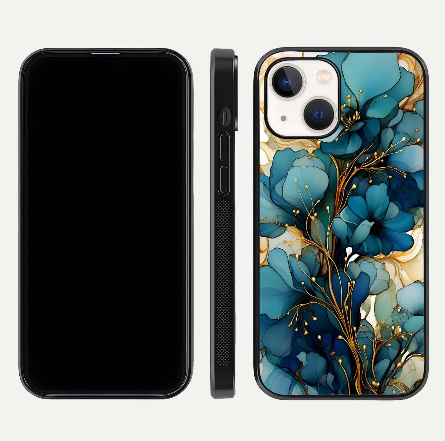 Golden Bloom Symphony Glass Case for iPhone 14 front and back view layout highlighting rich floral tones and curved glass edges