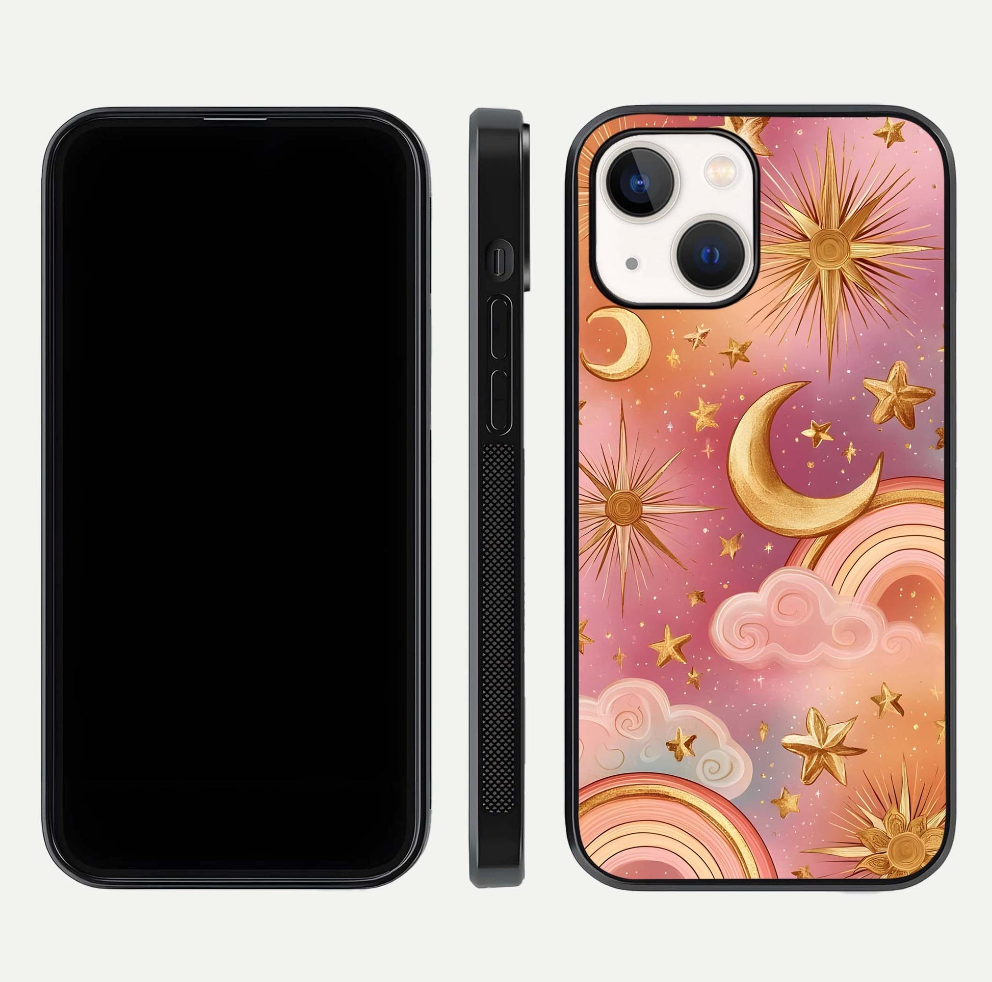 Golden Celestial Dreams Glass Case for iPhone 14 front and back view layout highlighting celestial motifs and smooth curved edge