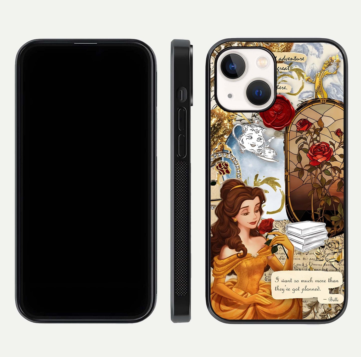 Golden Dream Belle Glass Case for iPhone 14 front and back view layout displaying dreamy golden theme and smooth curvature