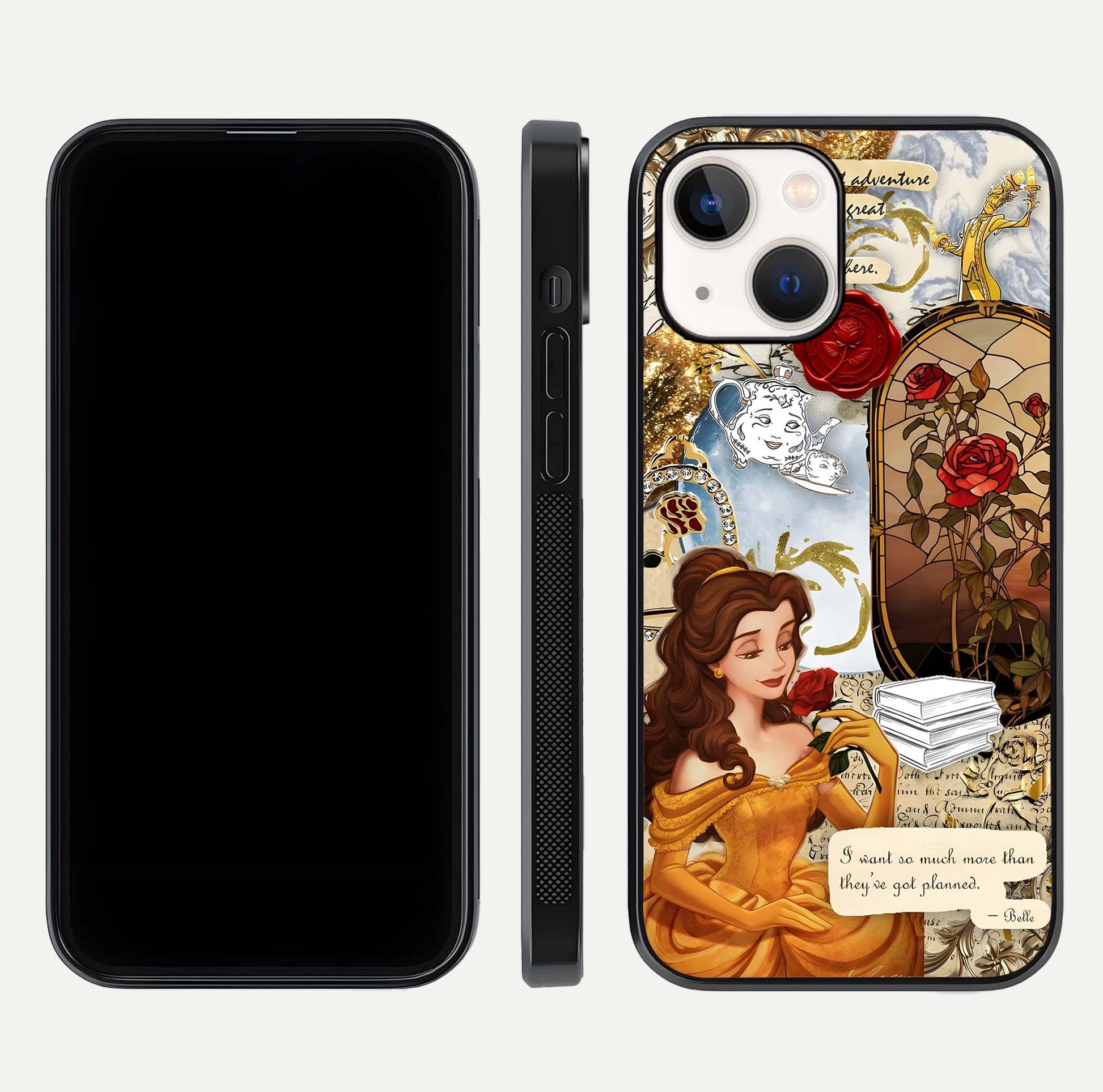Golden Dream Belle Glass Case for iPhone 14 front and back view layout displaying dreamy golden theme and smooth curvature