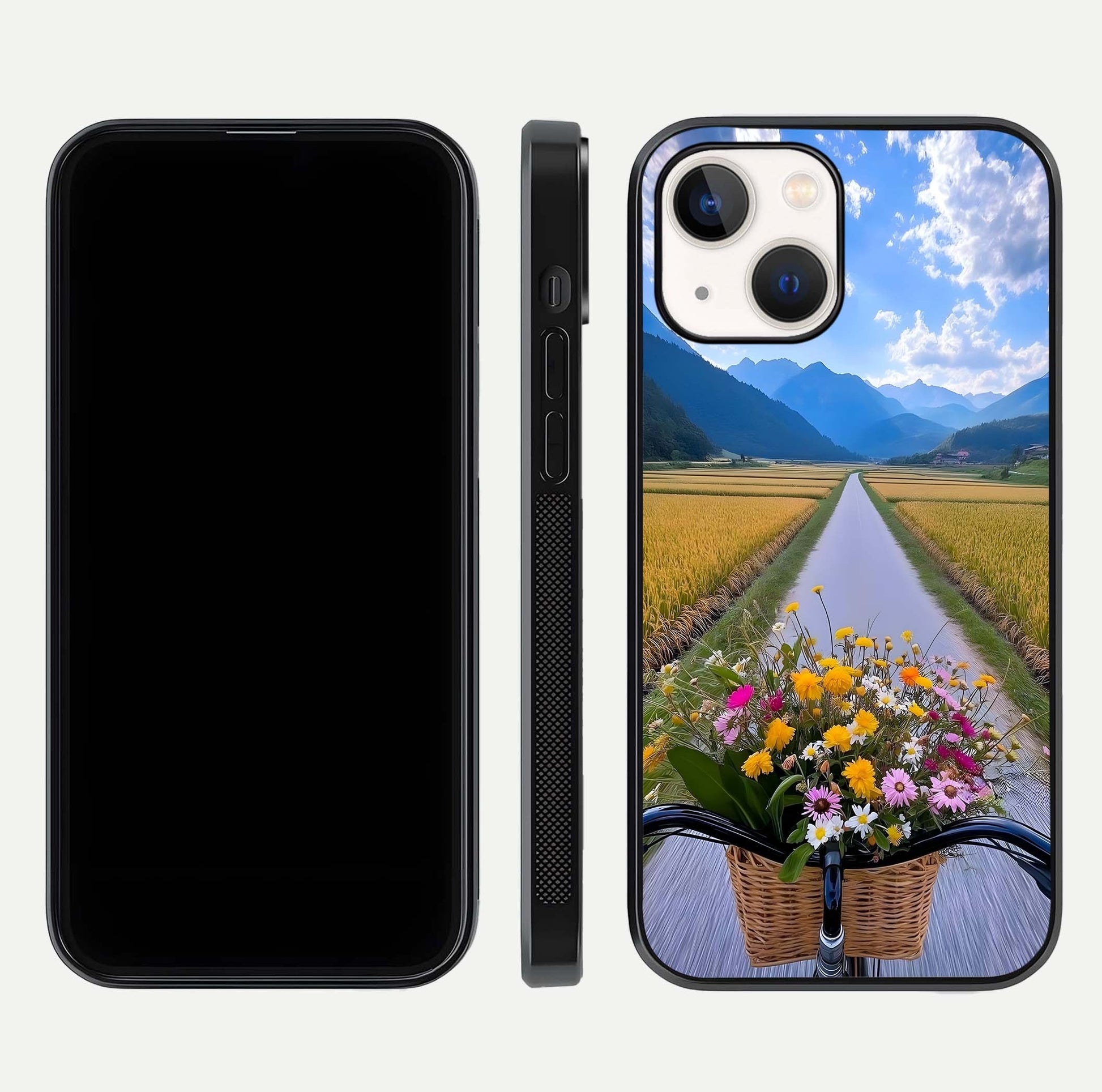 Golden Field Journey Glass Case for iPhone 14 front and back view layout highlighting natural gradient and smooth glass finish