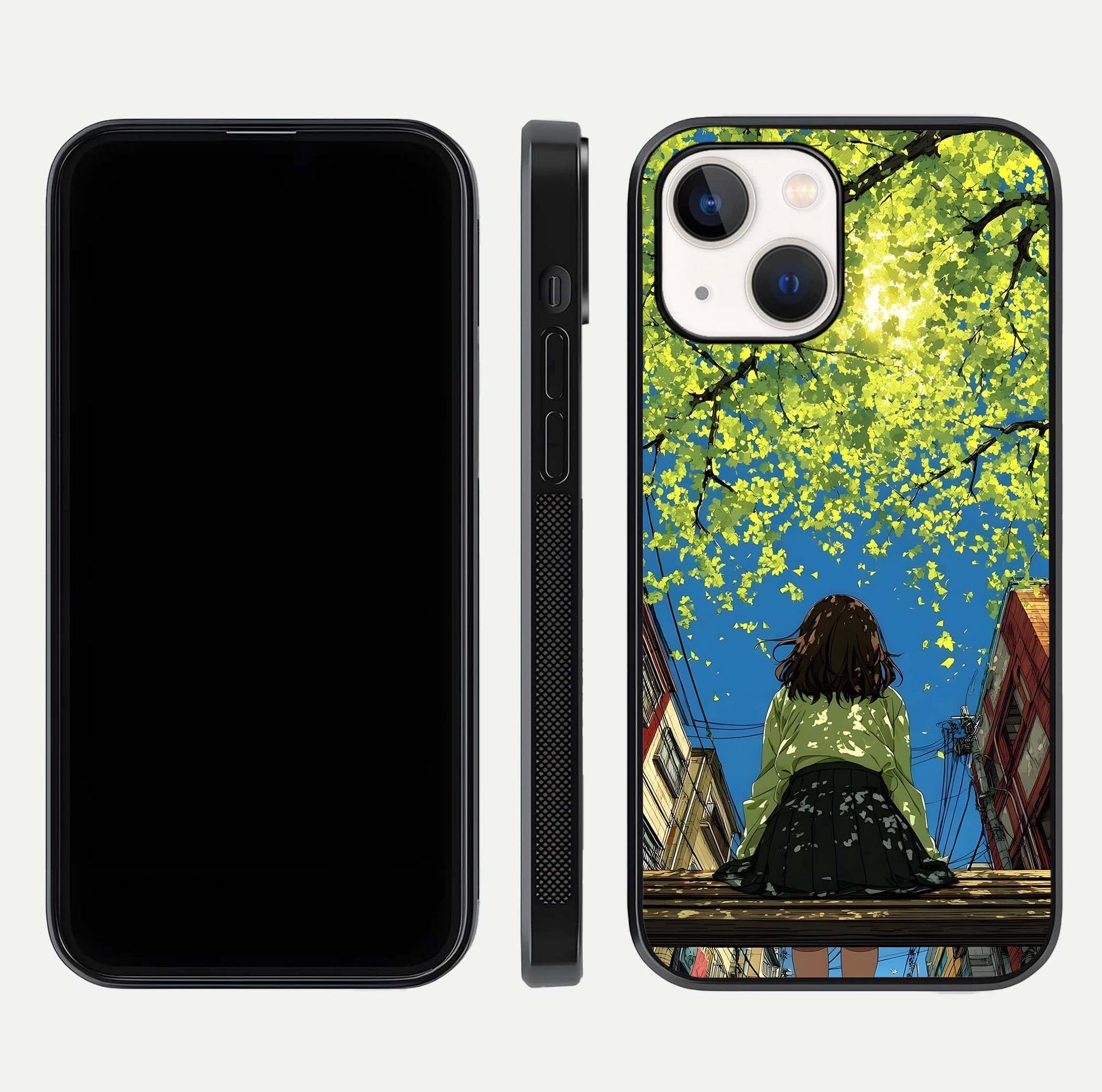 Golden Leaves Glow Glass Case for iPhone 14 front and back view layout highlighting glowing tones and curved edges