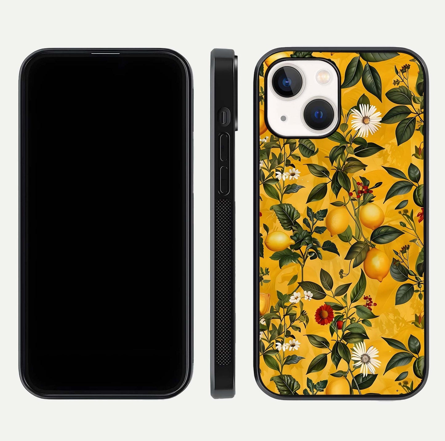 Golden Lemon Field Glass Case for iPhone 14 front and back view layout highlighting fruity tones and curved glass edges