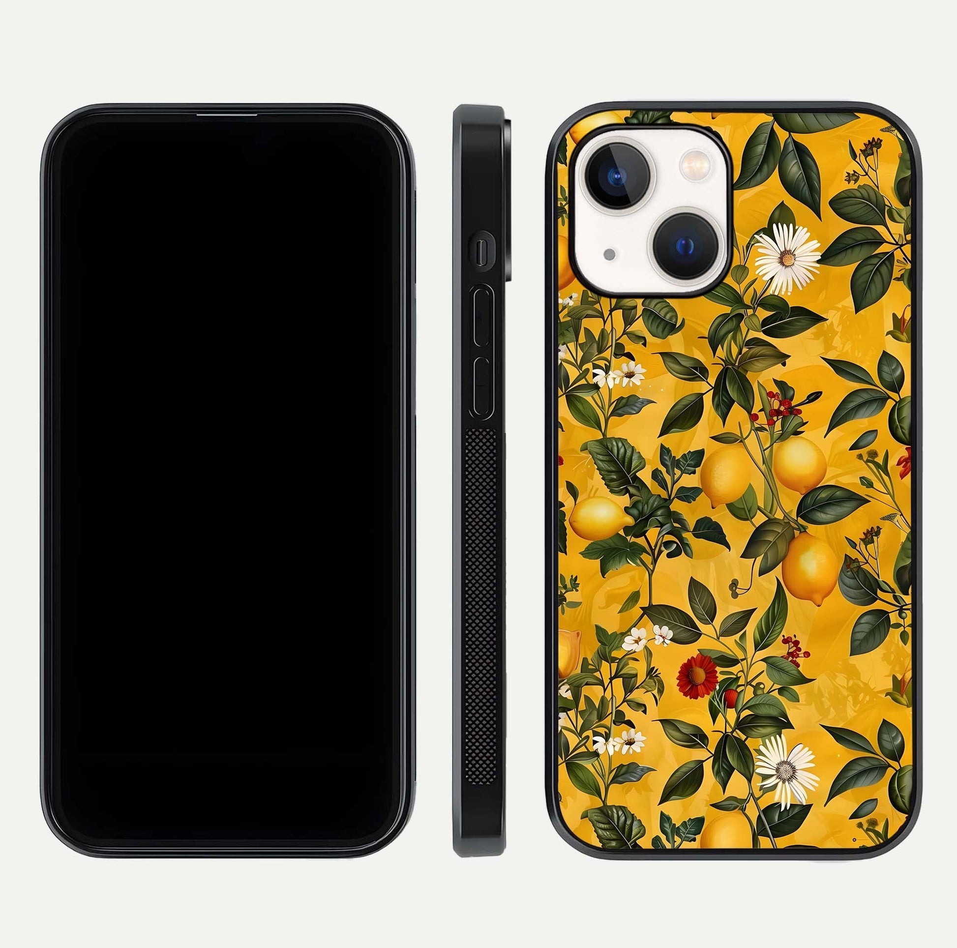 Golden Lemon Field Glass Case for iPhone 14 front and back view layout highlighting fruity tones and curved glass edges