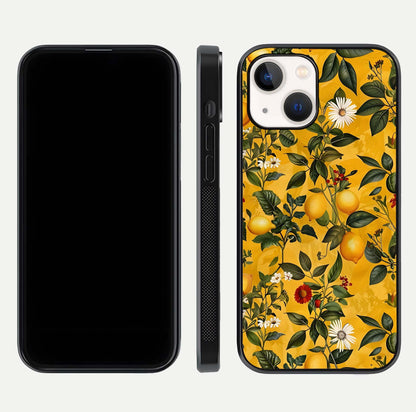 Golden Lemon Field Glass Case for iPhone 14 front and back view layout highlighting fruity tones and curved glass edges