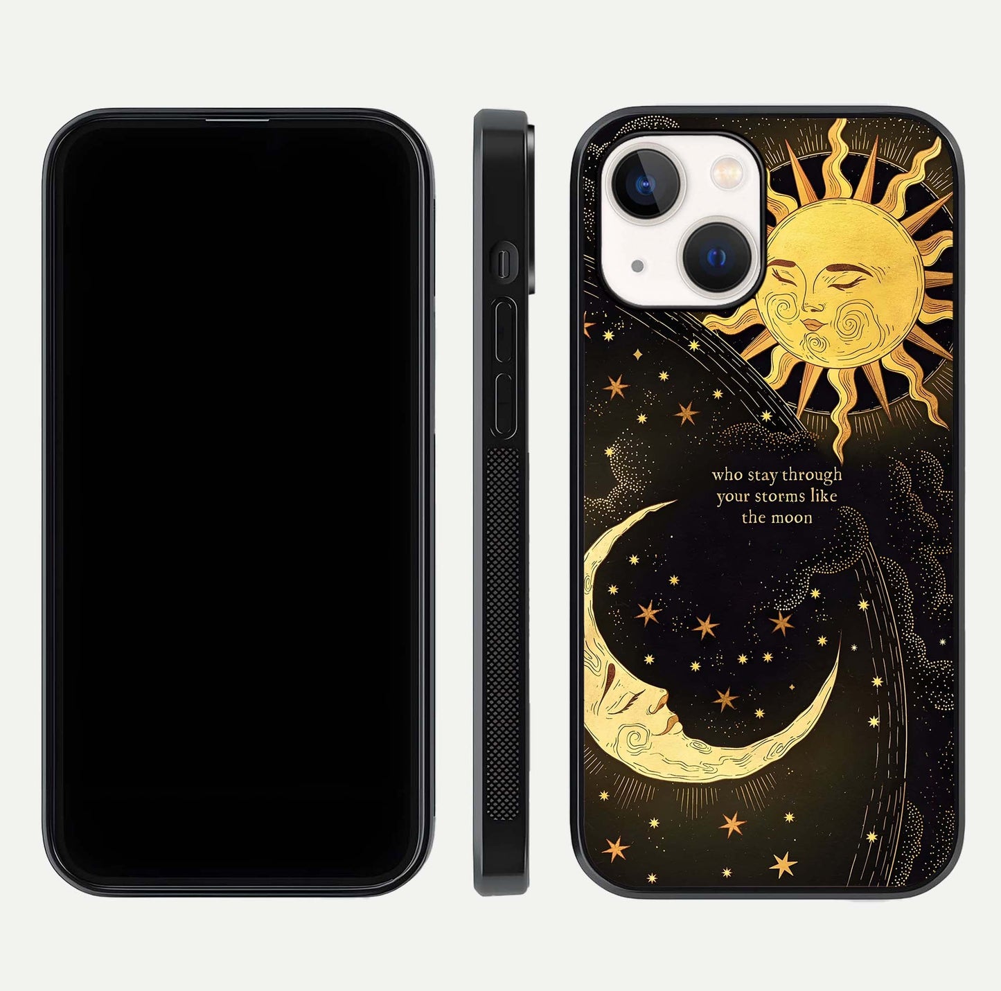 Golden Lunar Love Glass Case for iPhone 14 front and back view layout highlighting celestial tones and curved edges