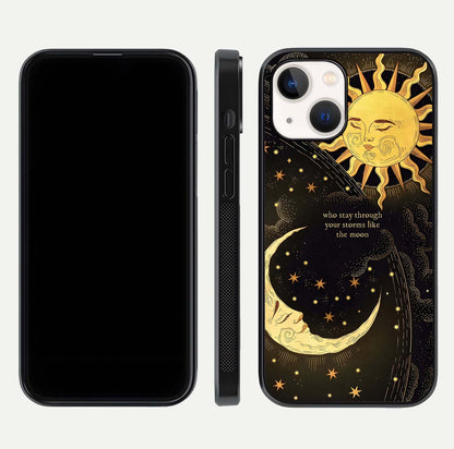 Golden Lunar Love Glass Case for iPhone 14 front and back view layout highlighting celestial tones and curved edges