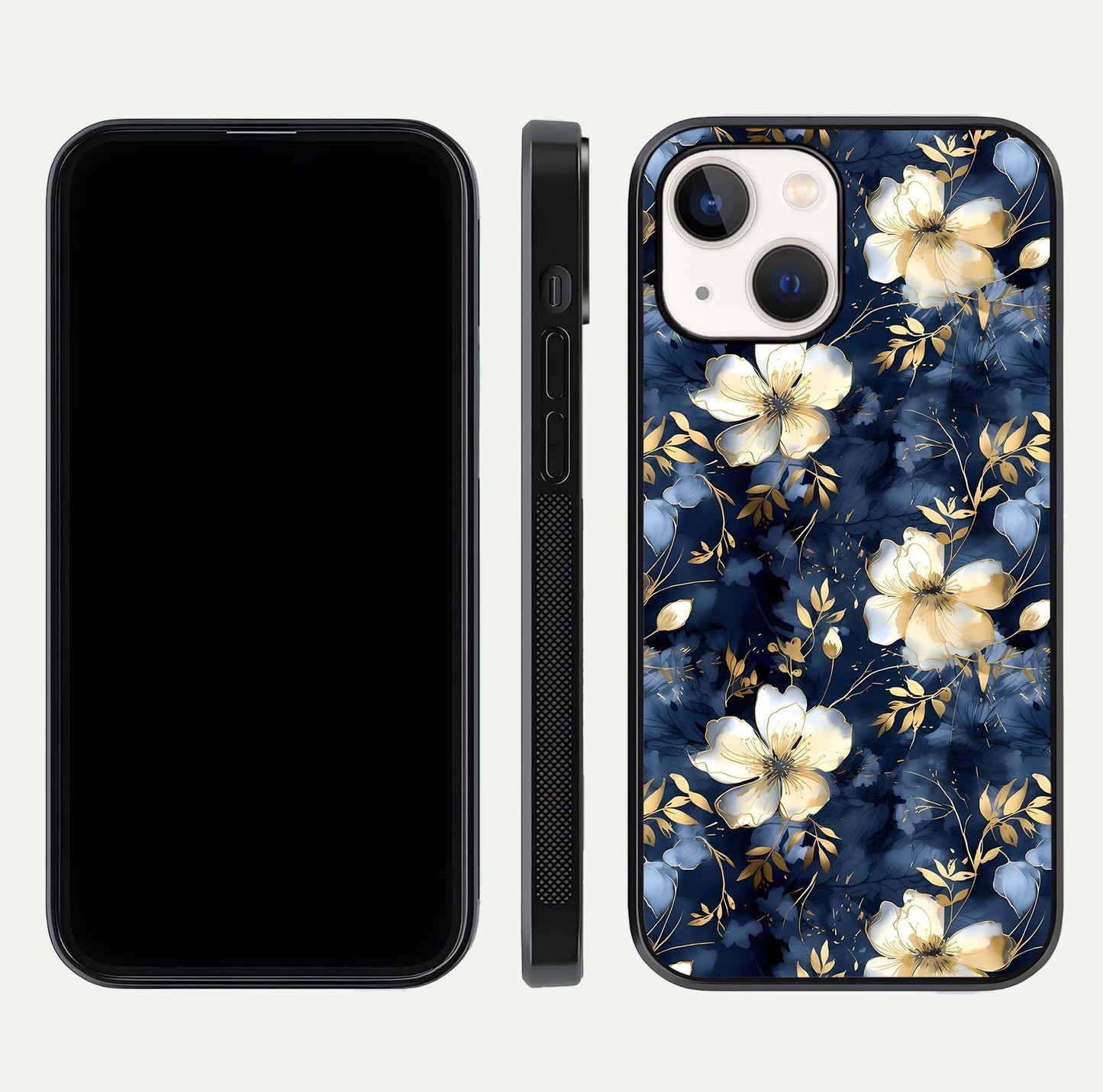 Golden Midnight Bloom Glass Case for iPhone 14 front and back view layout highlighting dark-gold tones and smooth curves