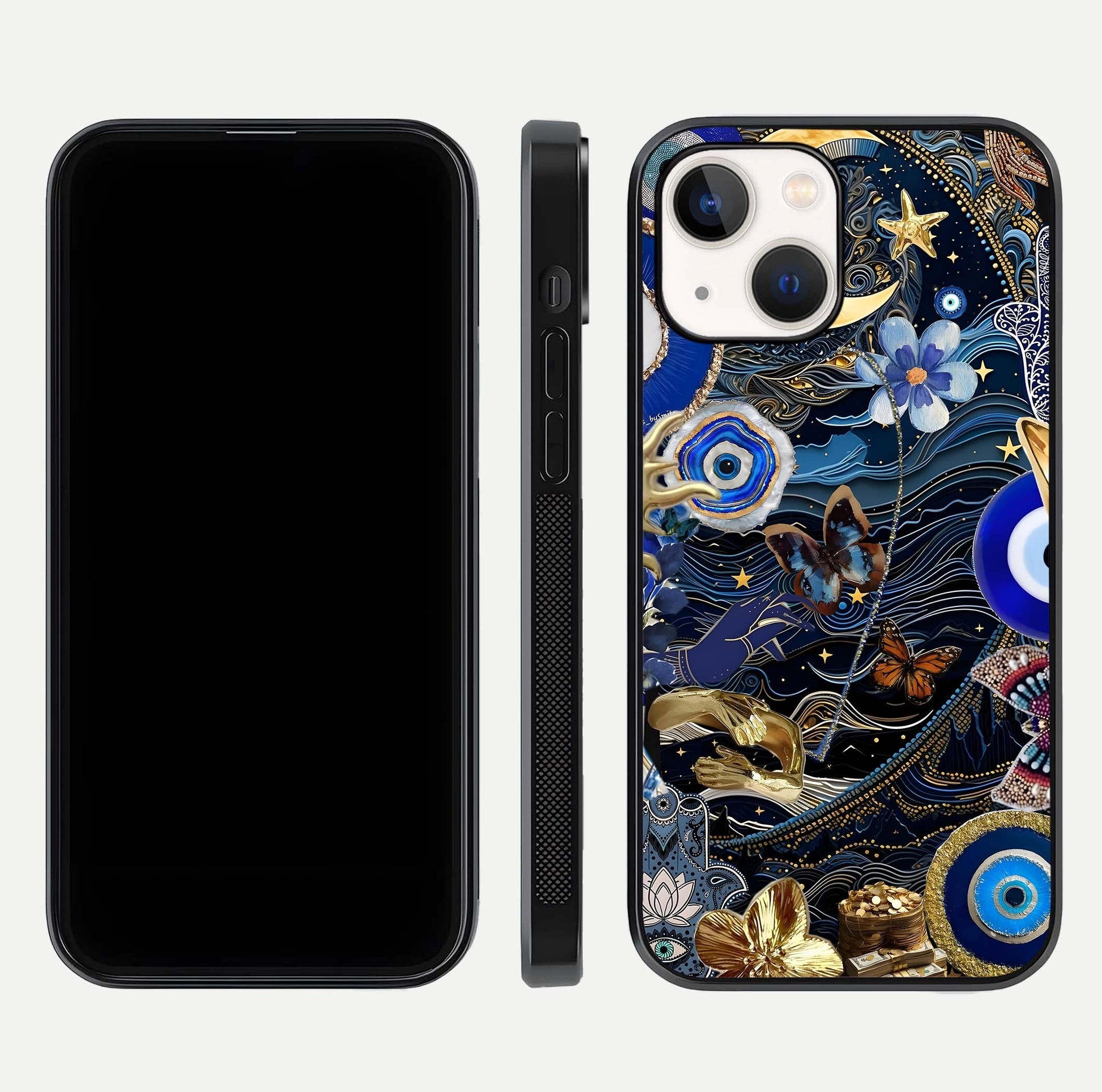 Golden Moon Magic Glass Case for iPhone 14 front and back view layout highlighting celestial tones and curved glass