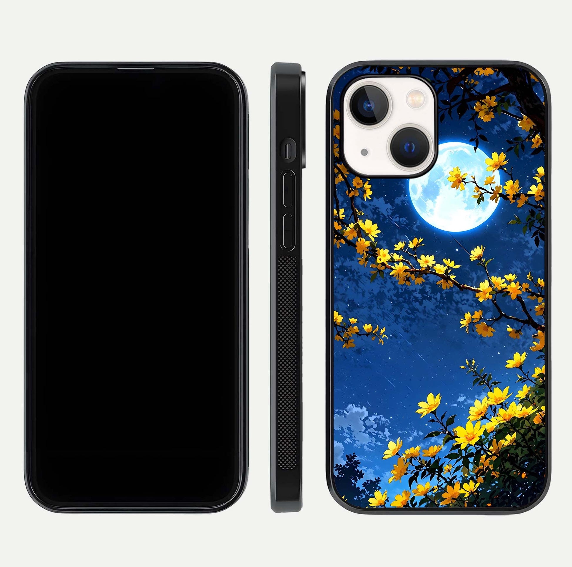Golden Night Glow Glass Case for iPhone 14 front and back view layout displaying metallic glow and curved glass edge