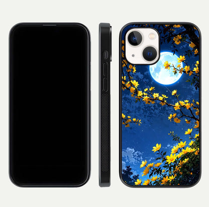 Golden Night Glow Glass Case for iPhone 14 front and back view layout displaying metallic glow and curved glass edge