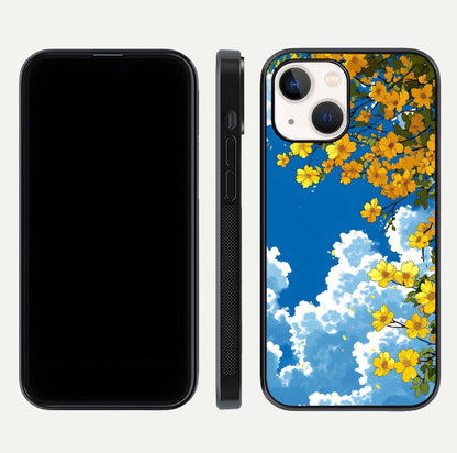 Golden Petal Sky Glass Case for iPhone 14 front and back view layout highlighting floral pattern and curved glass edges
