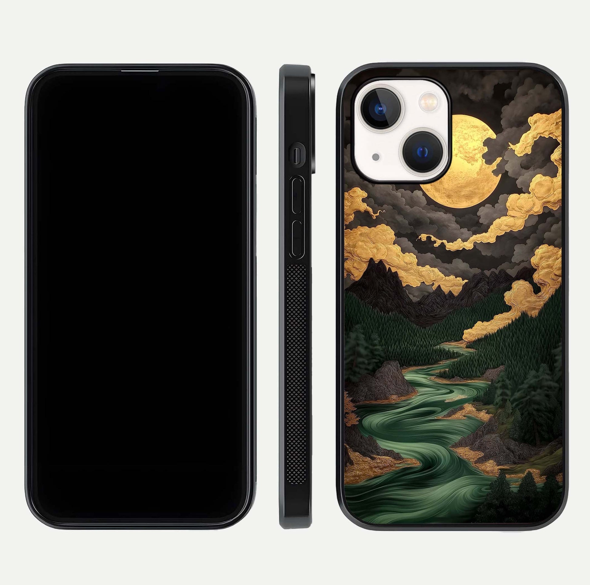 Golden River Moon Glass Case for iPhone 14 front and back view layout displaying celestial glow and smooth curves