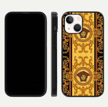 Golden Royal Heritage Glass Case for iPhone 14 front and back view layout displaying ornate gold texture and curved edges