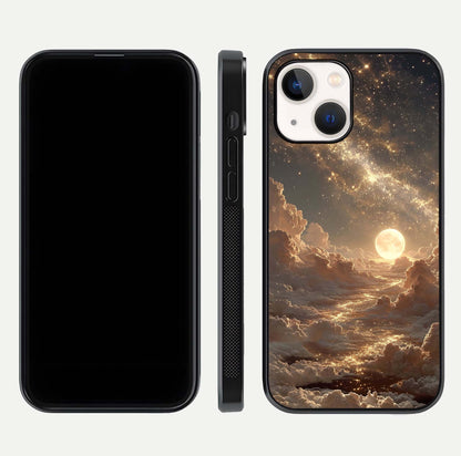 Golden Sky Dream Glass Case for iPhone 14 front and back view layout highlighting celestial gold hues and curved glass