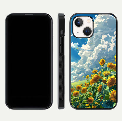 Golden Sun Glory Glass Case for iPhone 14 front and back view layout displaying bright golden tones and curved edges