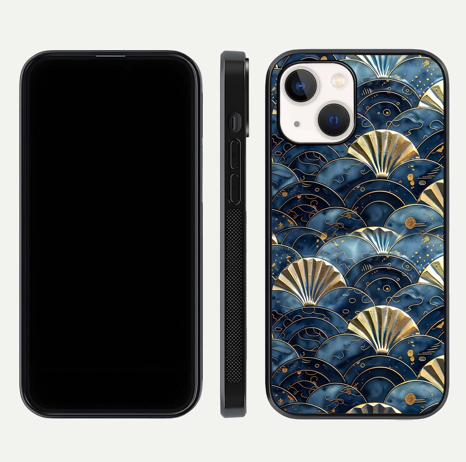 Golden Wave Luxe Glass Case for iPhone 14 front and back view layout highlighting fluid gold design and curved glass