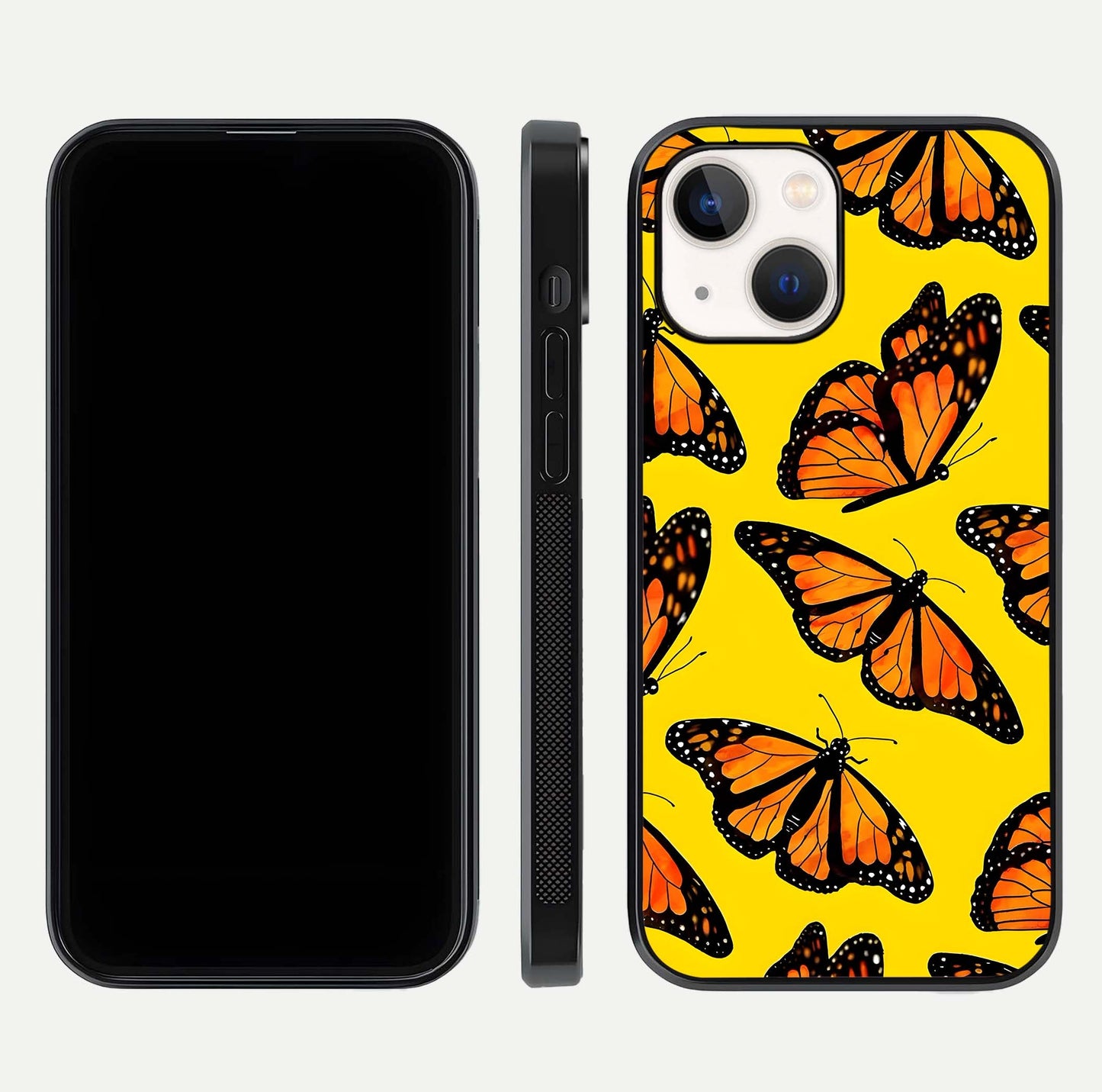 Golden Wing Flight Glass Case for iPhone 14 front and back view layout highlighting graceful lines and curved glass