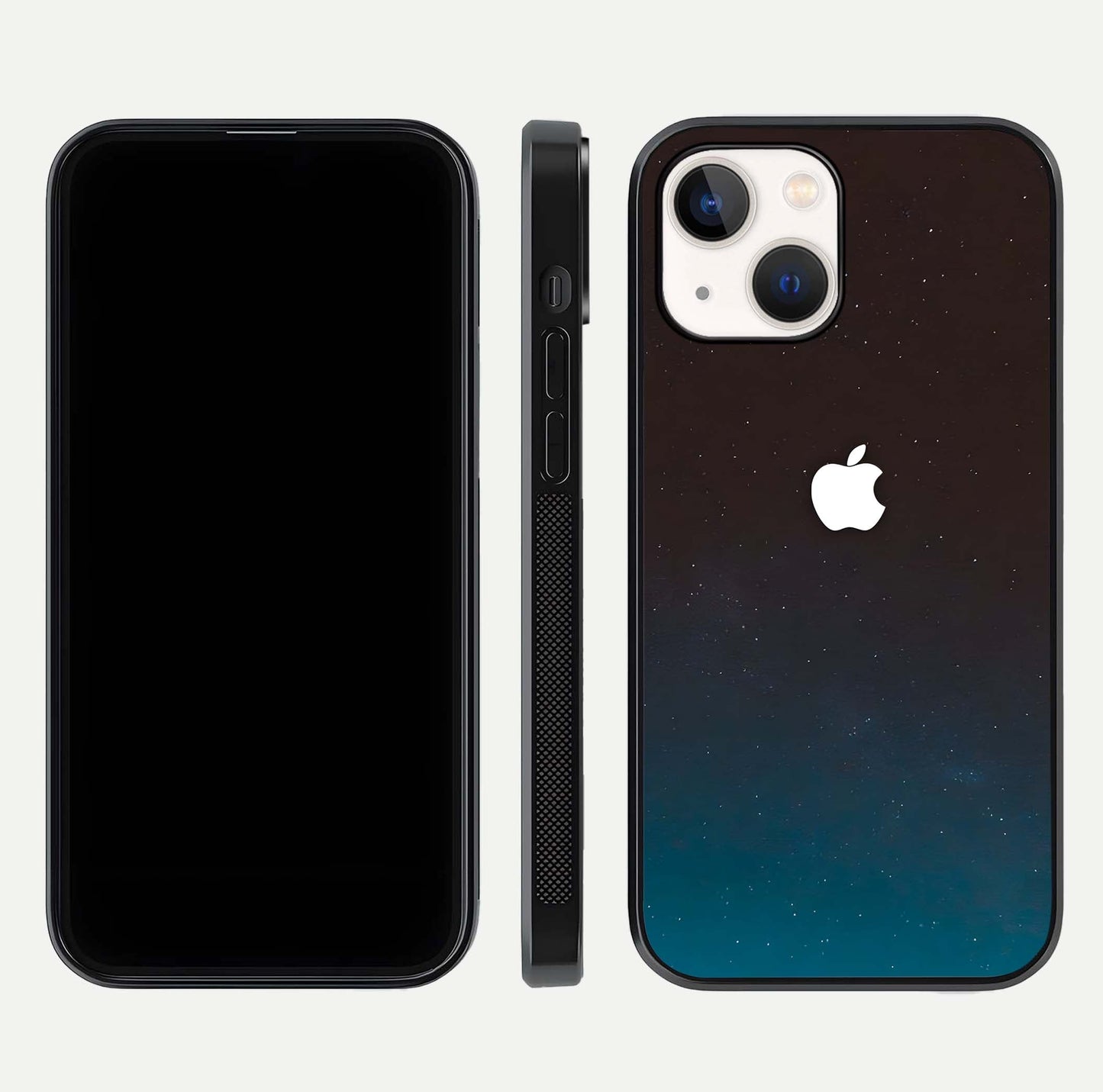 Green Emerald Apple Logo Glass Case for iPhone 14 front and back view layout highlighting vibrant tones and curved glass