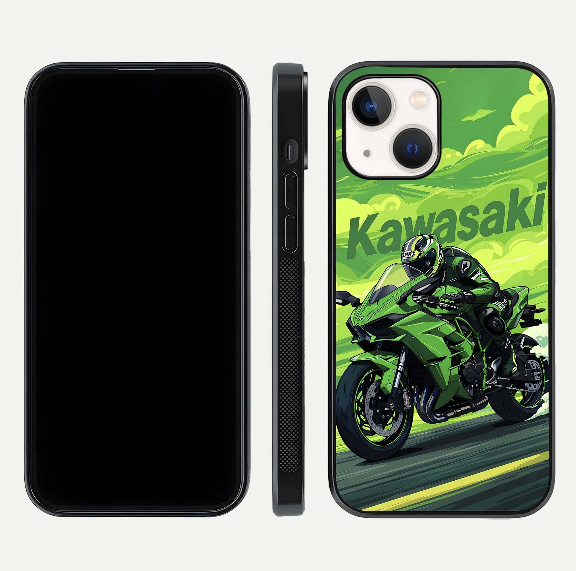 Green Kawasaki Glass Case for iPhone 14 front and back view layout highlighting vivid green tones and curved glass edges