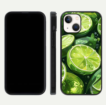 Green Lemon Glass Case for iPhone 14 front and back view layout displaying vibrant yellow-green hues and smooth edges
