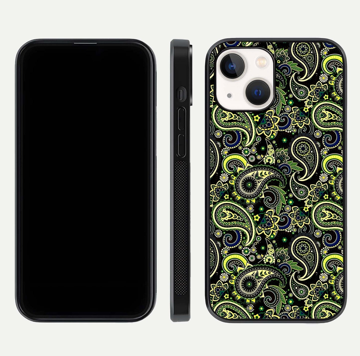 Green Mandala Pattern Glass Case for iPhone 14 front and back view layout highlighting geometric art and curved glass