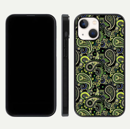 Green Mandala Pattern Glass Case for iPhone 14 front and back view layout highlighting geometric art and curved glass