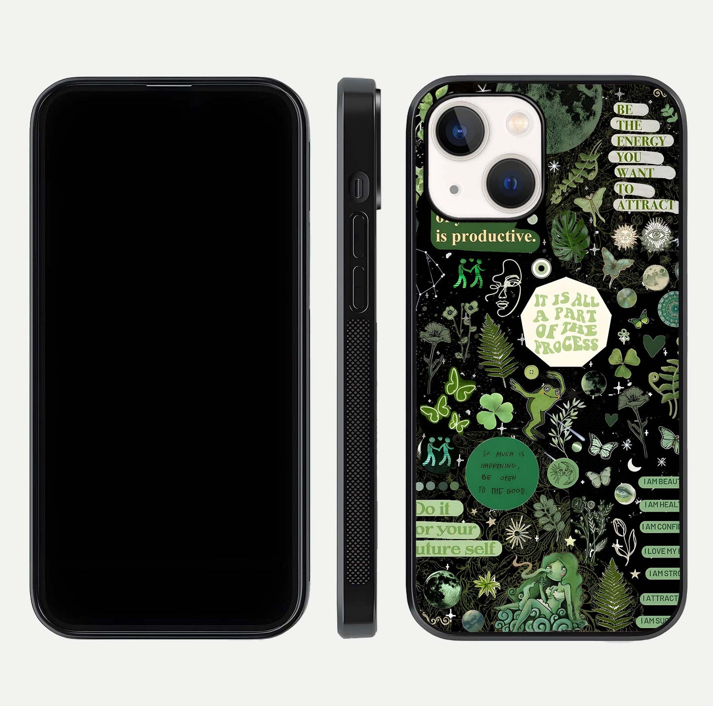 Green Moon Energy Glass Case for iPhone 14 front and back view layout highlighting cosmic tones and smooth edges