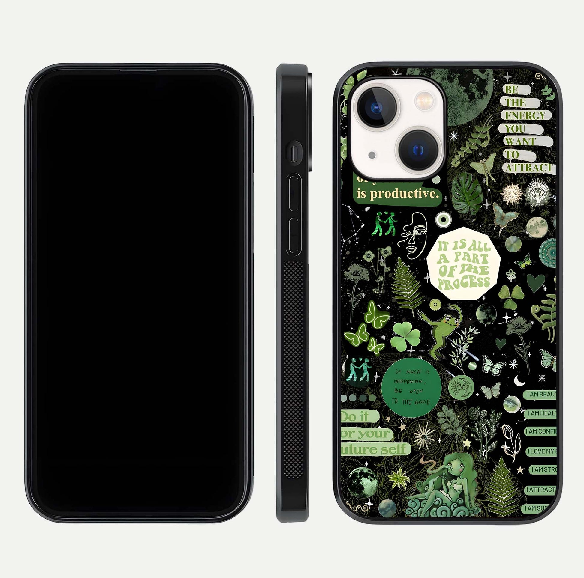 Green Moon Energy Glass Case for iPhone 14 front and back view layout highlighting cosmic tones and smooth edges