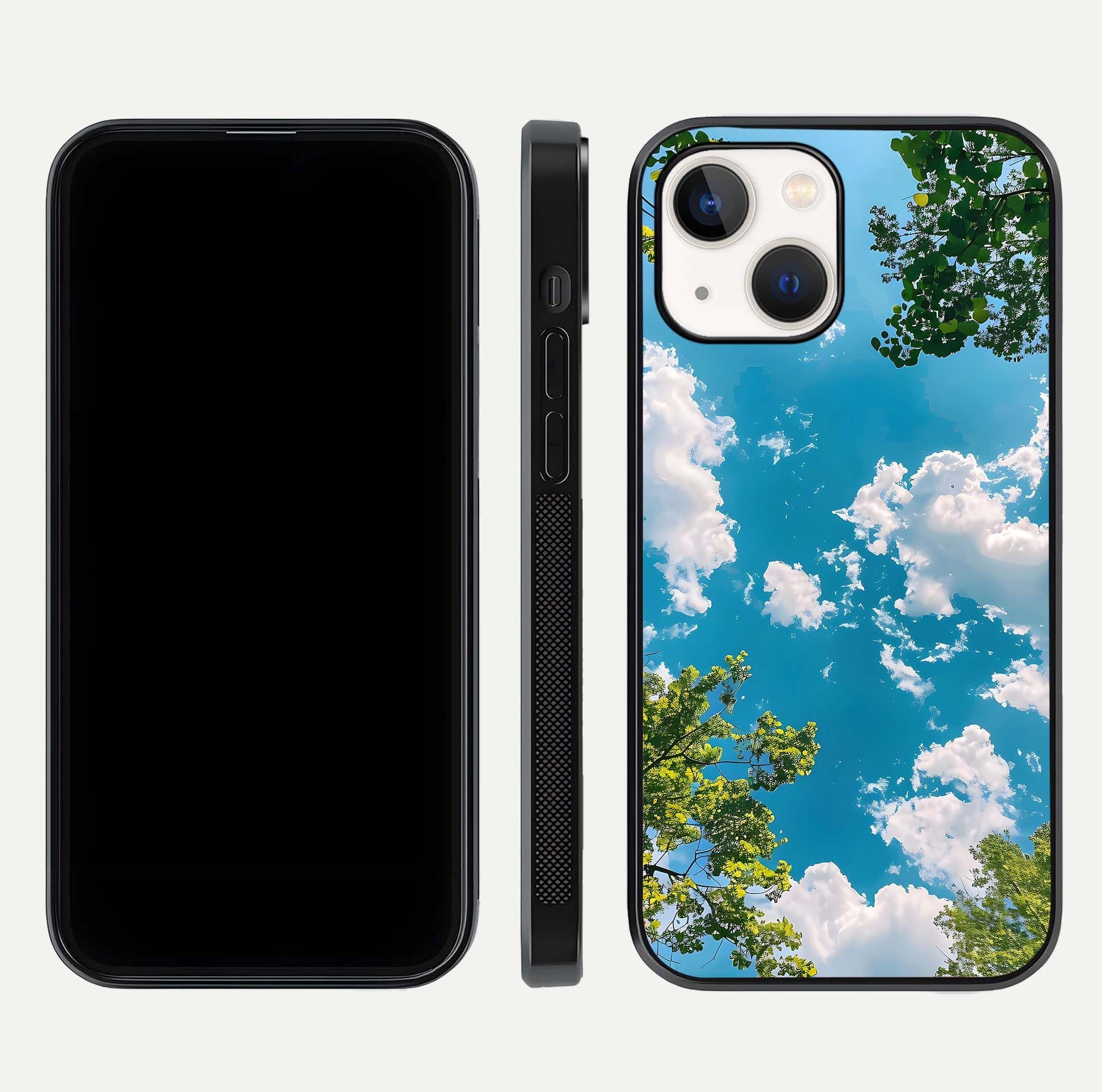 Greenery Sky Glass Case for iPhone 14 front and back view layout displaying scenic green-blue gradient and curved edges