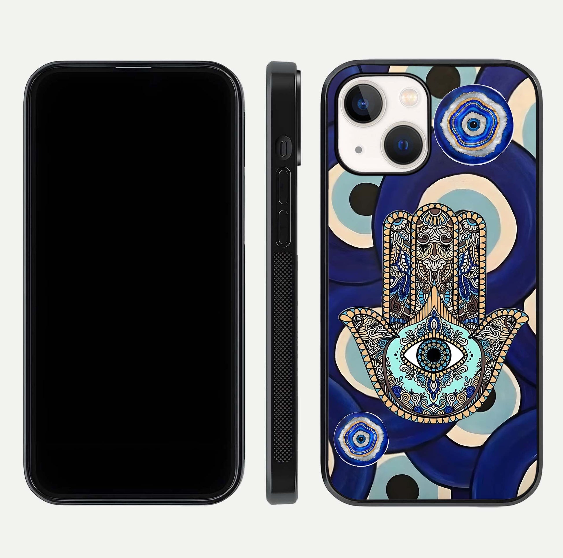 Hamsa Divine Guard Glass Case for iPhone 14 front and back view layout highlighting spiritual artwork and smooth edges
