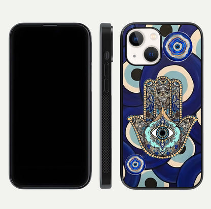 Hamsa Divine Guard Glass Case for iPhone 14 front and back view layout highlighting spiritual artwork and smooth edges